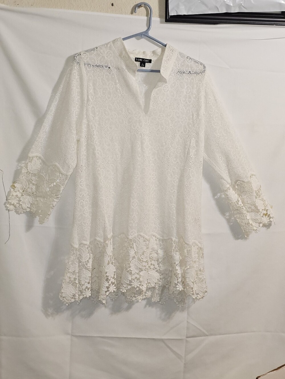 Boho Chic Vasi White Sheer Lace Tunic Size Large - Picture 4 of 10